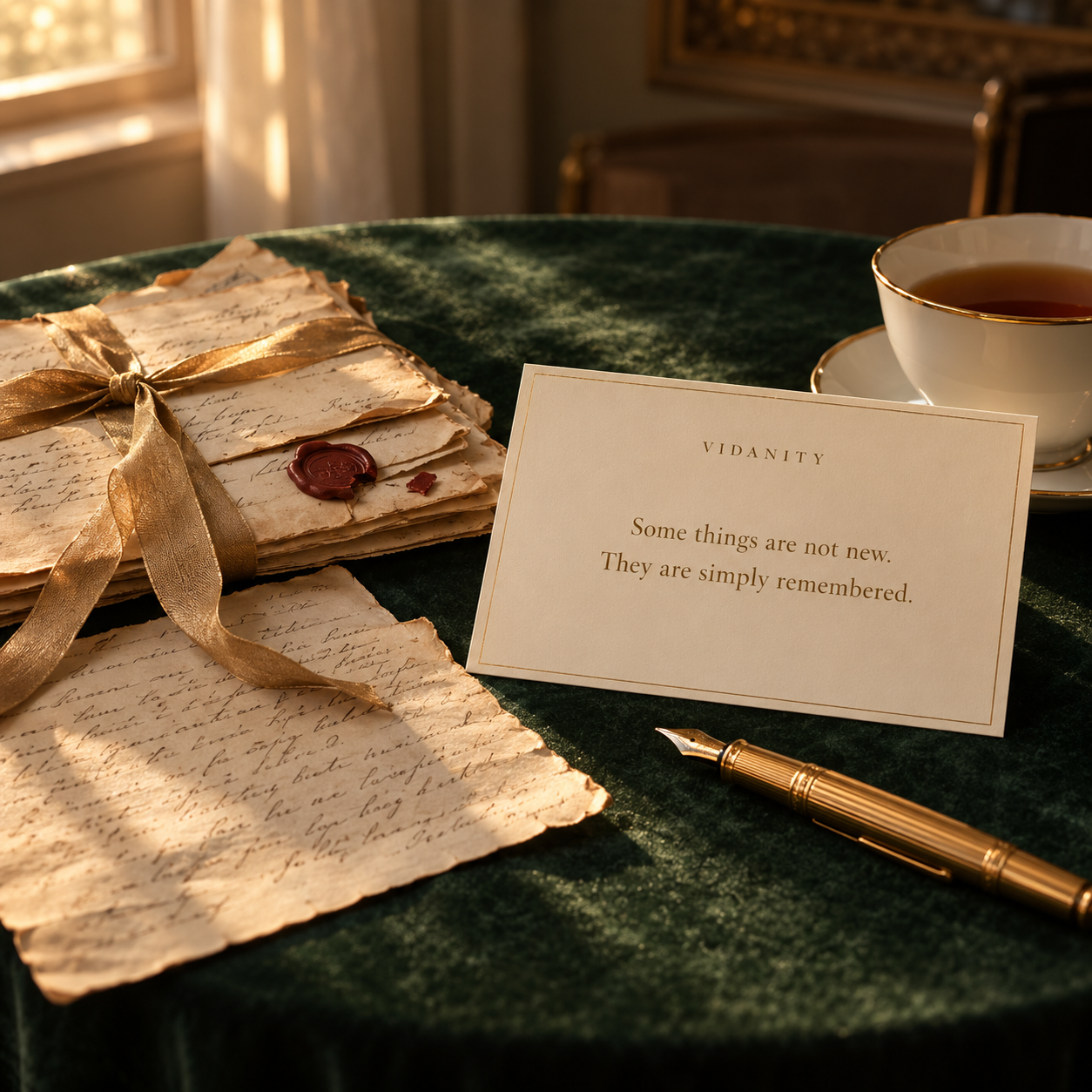 Old handwritten letters tied with a gold ribbon beside a VIDANITY card