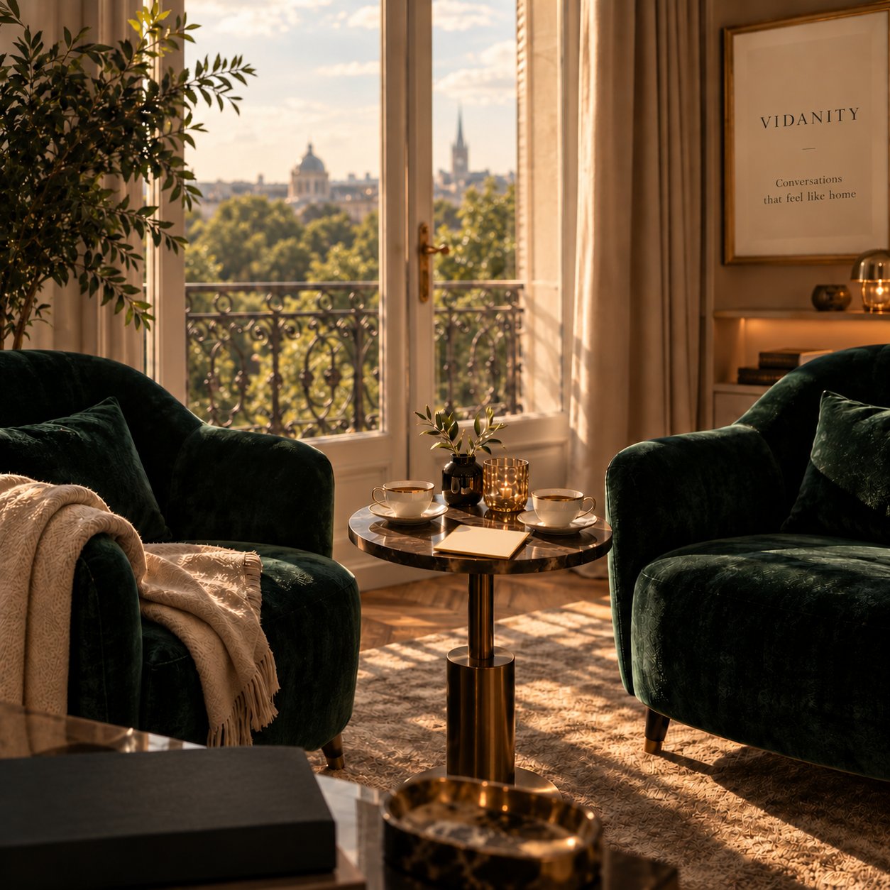 Two empty green velvet armchairs by an open window, waiting for a conversation